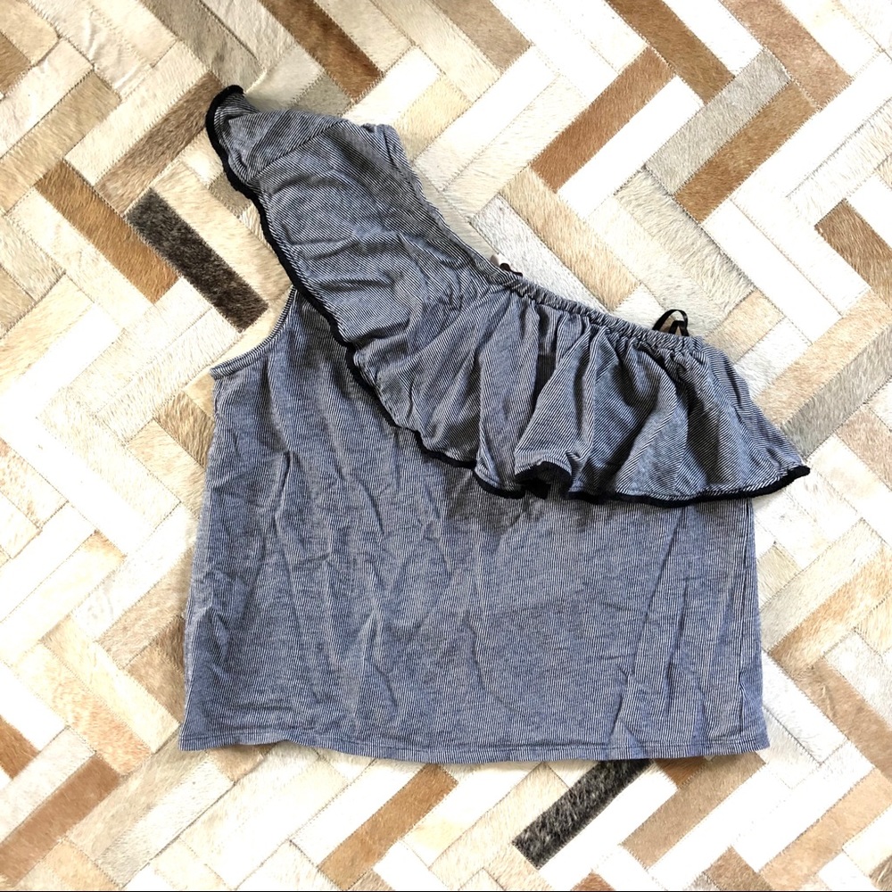 LOFT one shoulder ruffle cotton striped top.Size L - Picture 2 of 4